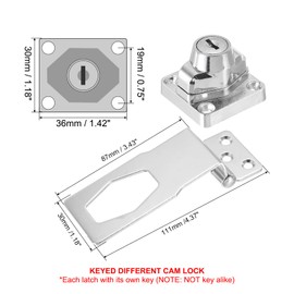 PATIKIL Keyed Hasp Locks Angle 90°, 4 Inch Twist Knob Locking Hasp Lock Metal Safety Hasp Latches for Cabinet Small Door, Keyed Different, Silver