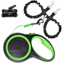 Retractable Dog Leash for Small to Medium Dogs up to 44lbs/20kg – 16ft Extendable with Poop Bags, Non-Slip Grip, 360° No Tangle, One-Button Break & Lock – Ideal for Walking Two Dogs Green