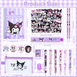Kuro-m Stationery Set, Kawaii School Supplies with Pens Stickers Pencil Case Notebook Badge, Kawaii Stationery Back to School Gift for Kids Students Office Supplies(Purple)