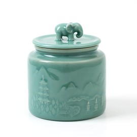 LONG QUAN CELADON Ceramic Food Storage Jar with Elephant Lid, Coffee Canister, Cookie Jar, Candy Jar, Dog Treat Container, Coffee Containers for Countertop