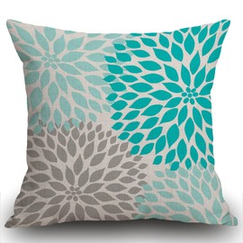 Smooffly Cushion Cover Teal White Turquoise Blue Gray Dahlia Mod Baby Decorative Pillow Case Home Decor Throw Pillow Cover Square 18 x 18 Inch Pillowcase 45X45CM