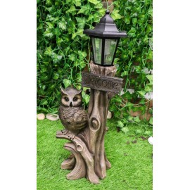 Ebros Forest Guardian Night Owl Welcome Sign Statue With Solar Powered Lantern