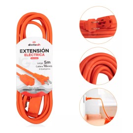 Divitech® Extensión Eléctrica Uso Rudo Multicontacto 5 Metros Cable De Cobre Cal.16 Awg. Divitech ELACMU-0002 Color Naranja 3 Tomas De Corriente