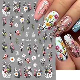 Plum Blossom Flower Nail Stickers Flowers Nail Art Stickers White Pink Floral Nail Decals Spring Summer Relief Flower Sticker Nails for Women Nail Art Supplies Nails Design Nail Accessories