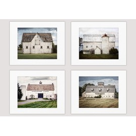 Country Farmhouse Home Decor Set of 4 White Barn Prints (Not Framed). Rustic Farm Landscapes in Blue, White, Gray, Green. (4 5x7 Prints with 8x10 Mats)