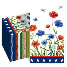 100 PCS Independence Day Napkins, Red and Blue Poppy Flower Patriotic 3-Ply Disposable Hand Towel for Summer July of 4th Guest Napkin Election Day Celebration Party Supplies Table Decorations