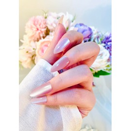 Press on Nails Medium Short Almond 24 pcs Light Pink White,Blingbrione Cat Eye Stick on Nails Reusable Fake Nails White Shinning Glitter Bling Nail Art for Women Girl.