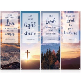 4Pcs Church Banners with Scripture for Sanctuary Wall Worship Classical Christian Banner Inspirational Religious Praise Hanging Sign Scenic Pattern Welcome Backdrop for Church Sunday School Decoration