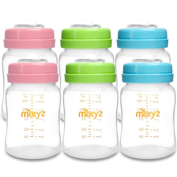 Matyz 6-Pack Breast Milk Storage Bottles (6oz, 3 Colors) - Wide Neck Breastmilk Collection and Storage Bottle - Formula Storage Bottles Compatible with Medela Avent Spectra Pumps