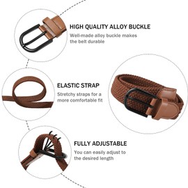 AWAYTR Boys Elastic Braided Belt - Black Pin Buckle Stretch Golf Baseball Belt for Boys and Girls Aged 4-12 Years (Black Buckle-Brown,98cm)
