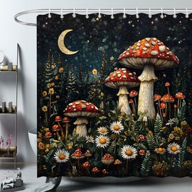ZFMRZF Mushroom Shower Curtain Red Mushrooms White Daisies Boho Moonlit Forest Abstract Starry Art Bathroom Polyester Curtains Set with Hooks 70x70 Inch