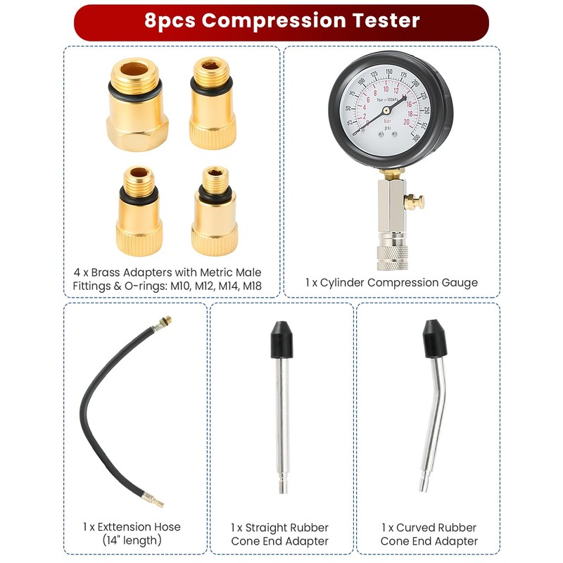 ATPEAM Compression Gauge Cylinder Pressure Gauge with Vacuum Gauge 0-300PSI