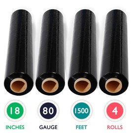 4 Rolls 18 inch x 1500 Feet Stretch Wrap 80 Gauge Heavy Duty Shrink Film, Extra Strong 18 inch Black Hand Stretch Wrap, Pack of 4 Rolls