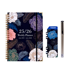 Chovbe Academic Diary 2025-2026 A5 Week to View, July 2025 - June 2026, Academic Diary with Roller Ball Pen, 142 Pages, Spiral Bound, Floral Navy Cover, TODAY Bookmark, 21.7 x 15.8 cm