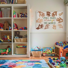 QROZIAR Inspirational Diversity Wall Decor Flags for Classroom, Equality Canvas Banner Wall Hanging Banner Decor, Small Hands Change The World Wall Flags for Nursery Playroom Teacher Homeshcool Office