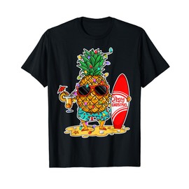 Summer Christmas in July Pineapple Sunglass Santa Hat T-Shirt