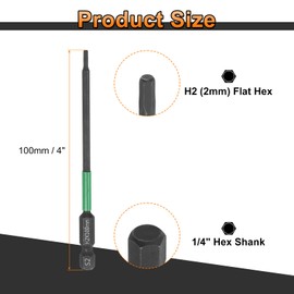 HARFINGTON H2 Flat Hex Head Screwdriver Bit 2mm Metric Tip 1/4" Hex Shank 100mm (4") Long Magnetic Hexagonal Screw Drill Bit Wrench Black Phosphate S2 Steel Power Driver Socket