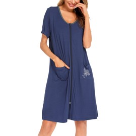 SWOMOG Women's Zipper Robe Short Sleeve Loungewear Zip Up Nightgowns for Women Soft Hospital Gowns with pockets