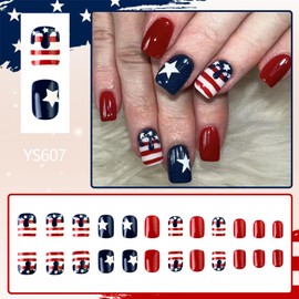 US Independence Day Fake Nails Kit - Short Square Press on Nails 4th of July False Nails Blue, Red White Five-Pointed Star Stripes Press on Glue on Designs Glossy Full Cover Glitter Nails for Women 24