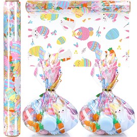 Gueevin Easter Cellophane Wrap Roll Easter Wrapping Paper Roll 100 ft x 16 Inch 2.5 Mil Thick Cello Roll Crystal Clear Bunny Egg Cellophane Gift Wrap for Basket Treats Craft Flowers