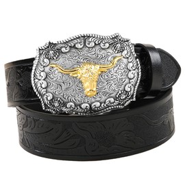 Utaly Western Cowboy Cowgirl Leather Belts - Women Men Turquoise Embossed Waist Belts With LongHorn Bull Buckles Fit 25-39”