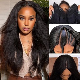 V Part Wig Human Hair Kinky Straight Human Hair Wigs Upgrade U Part Human Hair Wig for Women No Leave Out No Sew In 200% Density Natural Color 24 Inch