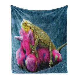 Lunarable Bearded Dragon Throw Blanket, Photo of Unicorn Fluffy Befriending Exotic Wild Lizard Reptilian Print, Flannel Fleece Accent Piece Soft Couch Cover for Adults, 50" x 70", Multicolor