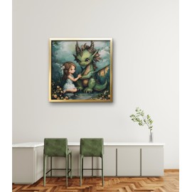 Cross Stitch Kit, 11 CT Die Cut, DIY Complete Range of Starting Cube Kits for Beginners, Pre-Printed Dragon and Girls, Dragon and Girls 45 x 45 cm