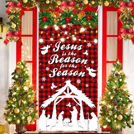 Christmas Jesus Religious Door Cover Jesus is The Reason for The Season Christmas Door Decorations Banner Holy Nativity Red Buffalo Plaid Porch Sign Backdrop Background for Xmas Holiday Party Supplies