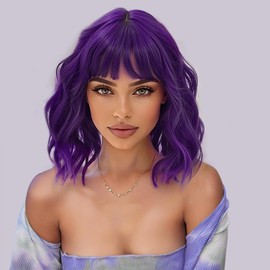AISI BEAUTY Dark Purple Bob Wig with Bangs 14 Inch Short Wavy Bob Wigs for Women Synthetic Colorful Wigs for Cosplay Costume