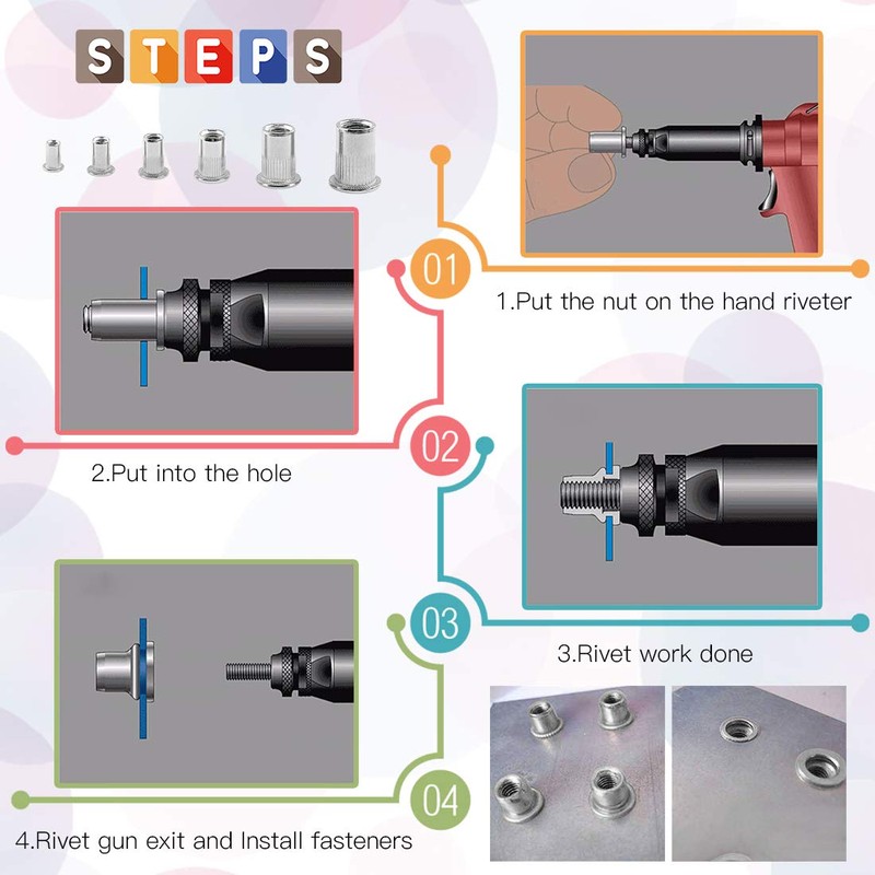 Glarks 180Pcs 304 Stainless Steel Flat Head Threaded Rivetnut Insert