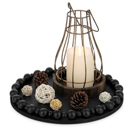 Hanobe Decorative Tray for Coffee Table: Round Beaded Wood Serving Tray for Ottoman Kitchen Counter Living Room Farmhouse Rustic 12 Inch Centerpiece Decor Black