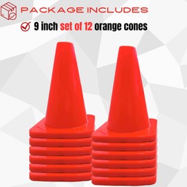 Versatyle Pack of 12 Heavy Duty 9 Inch Agility Training Cones for Soccer, Football and Sports Drills, Orange Flexible Heavy Duty Safety Cones, Versatile for Motor Vehicle & Traffic Training
