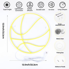 Fercnove Basketball Neon Sign 13.11×13.11 inch LED Lights Dimmable Hoops Wall Light for Wall Decor Aesthetic Signs Club Shop Sports Room Bedroom Decoration Birthday Christmas Gift for Basketball Fans