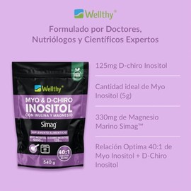 Wellthy Myo Chiro Inositol Polvo 540g Inulina Magnesio Marino Mezcla Óptima 5000mg 125mg 330mg 100 Naturales Gluten Free Sugar Vegan