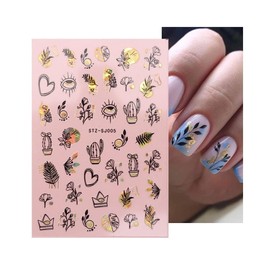 Rose Gold Flower Women Face Leopard Print Nail Sticker Geometric Lines Leaf Sj009 Black Gold Nail Wraps Art Stickers Manicure Supplies for Women for Home Nails Full Long Lasting Easy Apply and Remove