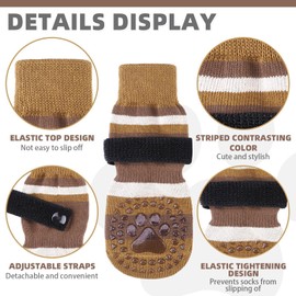 KOOLTAIL Anti Slip Dog Socks for Cold Pavement to Prevent Licking Paws with Grippers, 3 Pairs Winter Paw Protector, Double Sides Stripe Dog Shoes Toe Grips for Small Medium Large Senior Dogs Brown SM