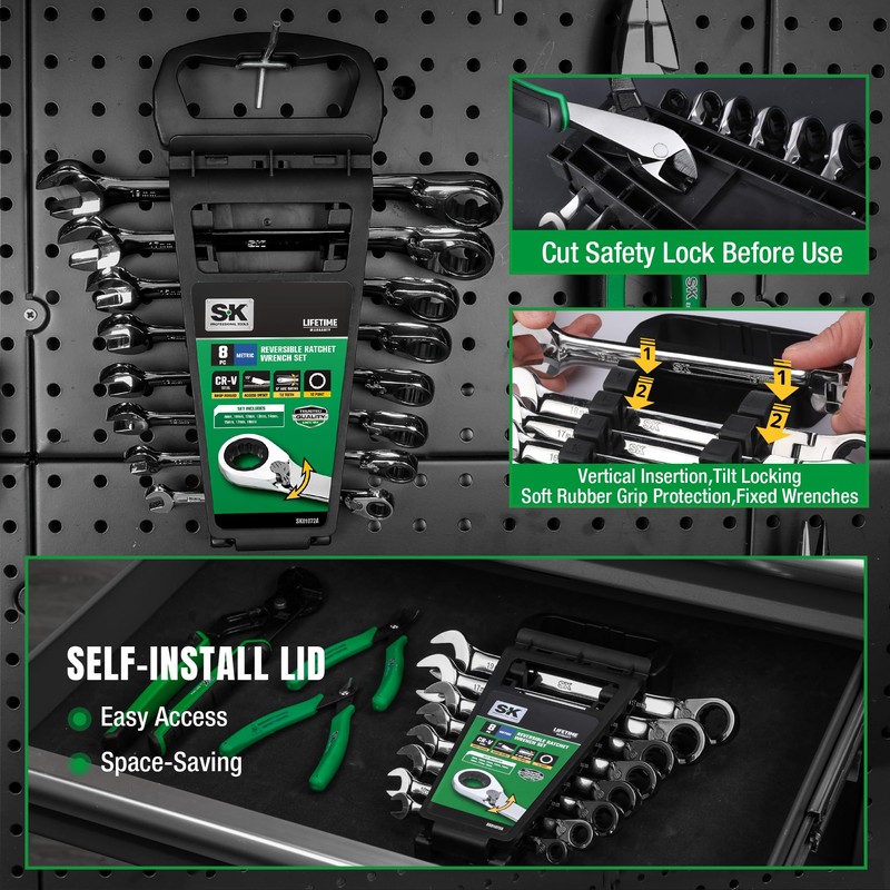SK Reversible Ratcheting Wrench Set, Combination Wrench Set, 8-Piece, Metric,