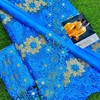 Elegant Blue and Gold Lace Fabric with Bazin and Trims