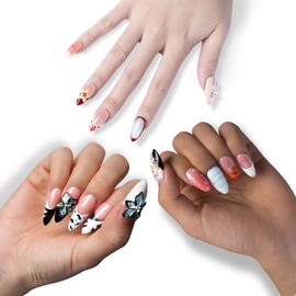 Yocieco Press On Nails Short | 30 Pcs Almond Fake Nails with Multicolor Pattern, Full Cover False French Tip Nails, Acrylic Nail for Women and Girls | Large Sizes Styles