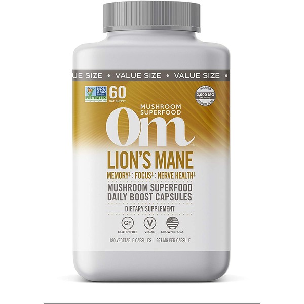 Om Mushroom Superfood Lion's Mane Mushroom Capsules Superfood Supplement, 180 Count, 60 Days, Fruit Body and Mycelium Nootropic for Memory Support, Focus, Clarity, Nerve Health, Creativity and Mood
