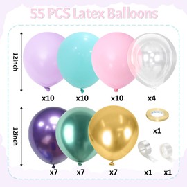 Mermaid Balloons Garland, Pastel Pink Purple Balloons Teal Blue Clear Balloons and Transparent Metallic Purple Green Gold Balloons for Girls Mermaid Birthday Baby Shower Ocean Theme Party Decorations