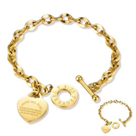 pichuxiu Gold Heart Charm Bracelet Plated Charm Bracelet 18K Heart Bracelet for Women Her Toggle Clasp Stainless Steel