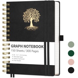 RETTACY Graph Paper Notebook, A5 Grid Spiral Notebook with 300 Pages, 5.7'' × 8.3'', Medium Size, Leather Hardcover, 100 GSM Thick Paper, for Students, Homework, Math, Engineering (Black)