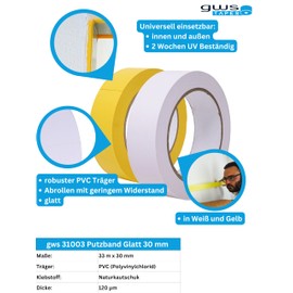 gws Plastering Tape PVC Smooth White 1 Roll Masking Tape Easy to Roll Painter's Protective Tape in Professional Quality Various 33 m x 30 mm