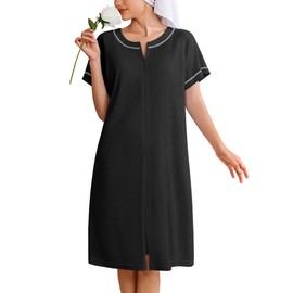 Ekouaer Women Zipper Robe Short Waffle Knit Bathrobe Lightweight Housecoat Soft Knee Length Loungewear with Pockets Black, L