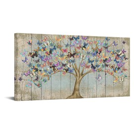 RnnJoile Butterfly Canvas Art Framed Rustic Tree of Life Wall Print Wood Background Painting Picture for Farmhouse Cabin Decorations Ready to Hang 24 x 48 Inch