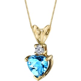 PEORA Swiss Blue Topaz with Genuine Diamond Pendant in 14 Karat Yellow Gold, Heart Shape Solitaire, 6mm, 1 Carat total, Blue Gemstone Necklace, December Birthstone Gold Necklace, w/Jewelry Box