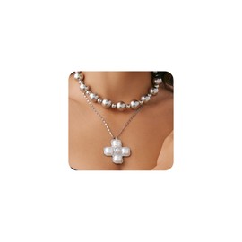 Cross Pearl Pendant Necklace Set,Chunky Crucifix Bead Chain Stackable Necklaces,Plated Gold Lightweight Bead Choker for Women (Silver)