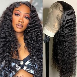 Deep Wave Lace Front Wigs Human Hair 13x4 Deep Lace Frontal Wigs for Women Transparent Lace 220% Density Kinky Curly Lace Front Wig Wet and Wavy Glueless Wig Pre Plucked with Baby Hair 20 Inch